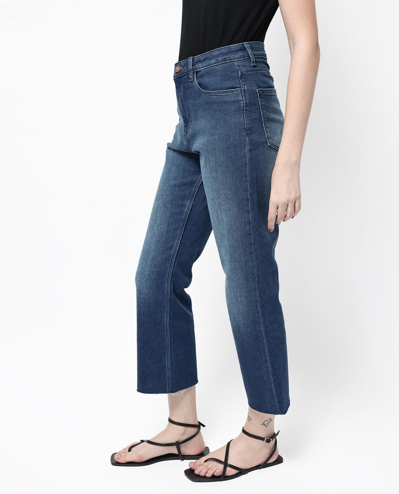 Rareism Women'S Winona Blue Cotton Fabric Plain Crop Flare Jeans
