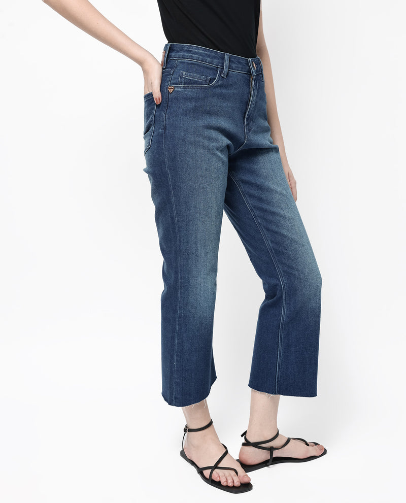 Rareism Women'S Winona Blue Cotton Fabric Plain Crop Flare Jeans