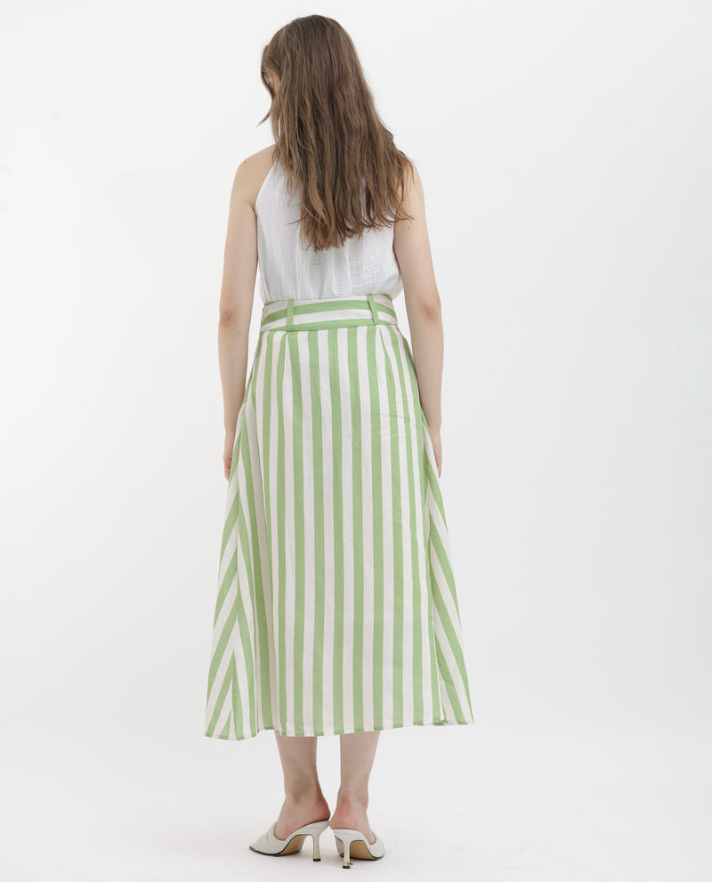 Rareism Women's Zame-B Off White Cotton Linen Fabric Zip Closure Regular Fit Striped Midi Skirt