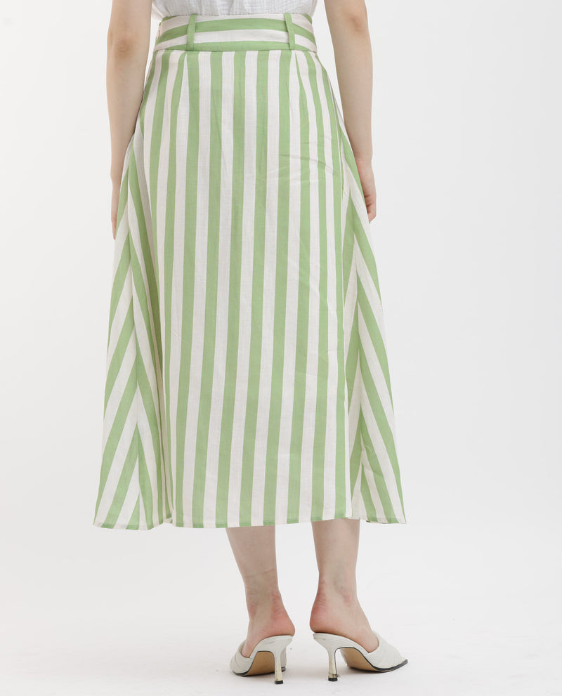 Rareism Women'S Zame-B Off White Cotton Linen Fabric Zip Closure Regular Fit Striped Midi Skirt