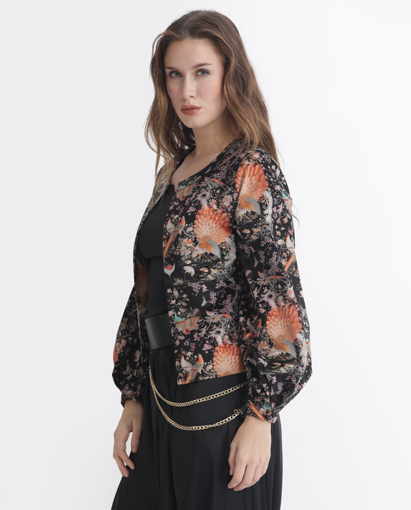 Rareism Women'S Zamp Black Velvet Full Sleeves Floral Print Collarless Shrug