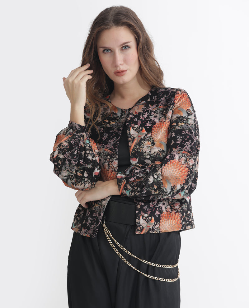 Rareism Women'S Zamp Black Velvet Full Sleeves Floral Print Collarless Shrug