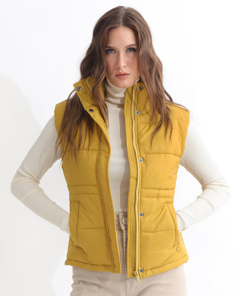 Rareism Women'S Ziazan Yellow Polyester Fabric Sleeveless Solid High Neck Jacket