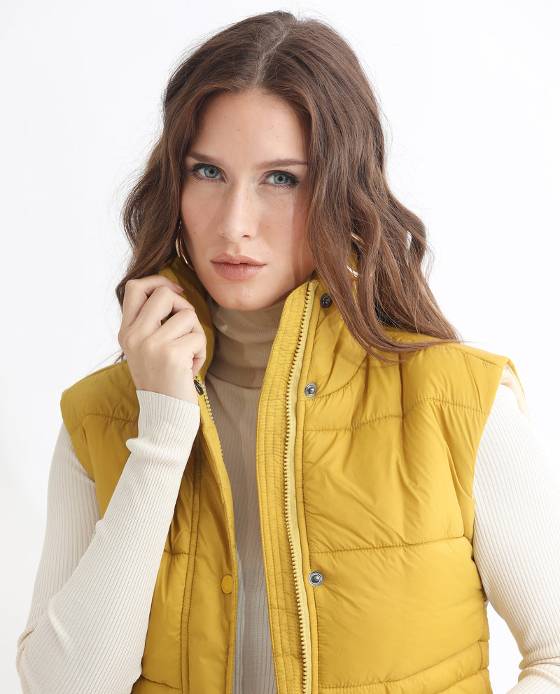 Rareism Women'S Ziazan Yellow Polyester Fabric Sleeveless Solid High Neck Jacket