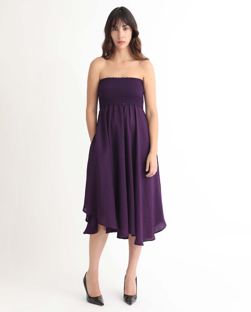 Rareism Women's Zuret Dark Purple Off Shoulder With Detachable Straps Smocking Detail At Chest With Pockets Knee Length Dress