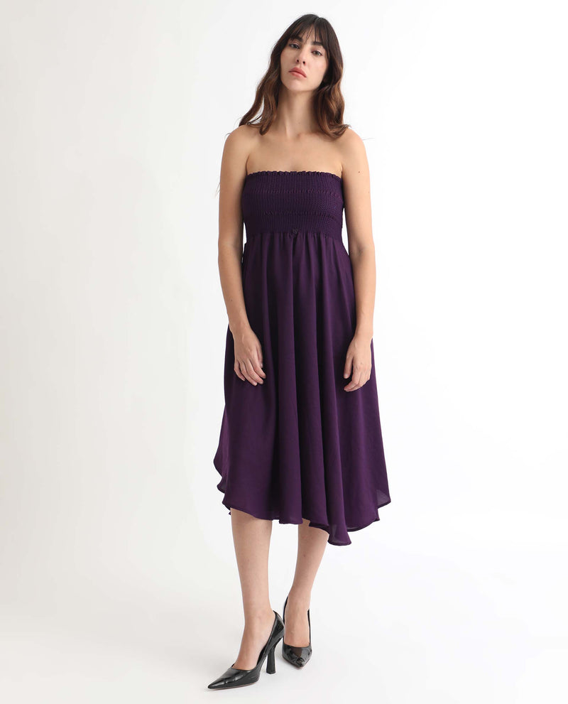 Rareism Women'S Zuret Dark Purple Off Shoulder With Detachable Straps Smocking Detail At Chest With Pockets Knee Length Dress