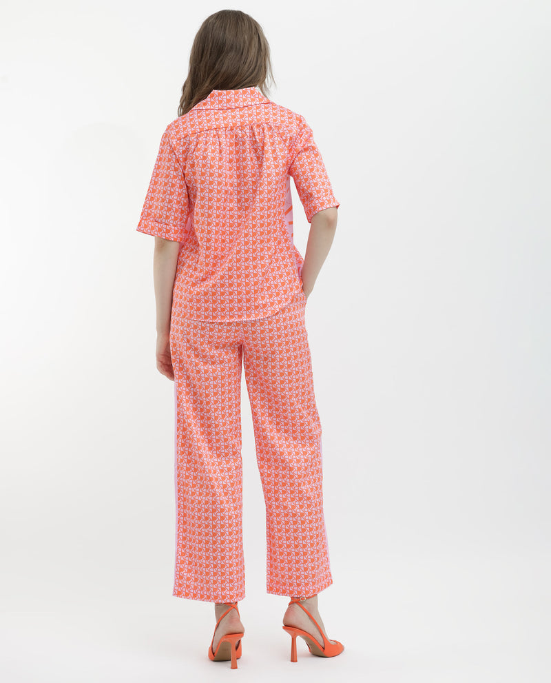 Rareism Women's Zyon-T Pink Cotton Fabric Short Sleeves Johnny Collar Regular Fit Monogram Top