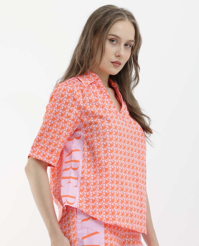 Rareism Women'S Zyon-T Pink Cotton Fabric Short Sleeves Johnny Collar Regular Fit Monogram Top
