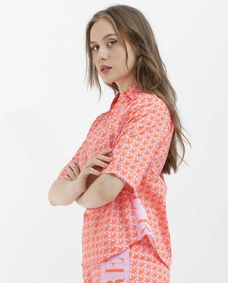 Rareism Women's Zyon-T Pink Cotton Fabric Short Sleeves Johnny Collar Regular Fit Monogram Top