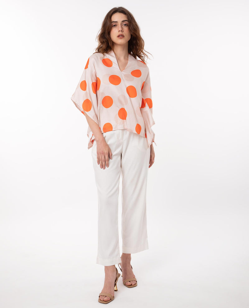 Rareism Women's Binko Light Beige Cotton Fabric Short Sleeves V-Neck Kimono Sleeve Relaxed Fit Polka Asymmetric Top