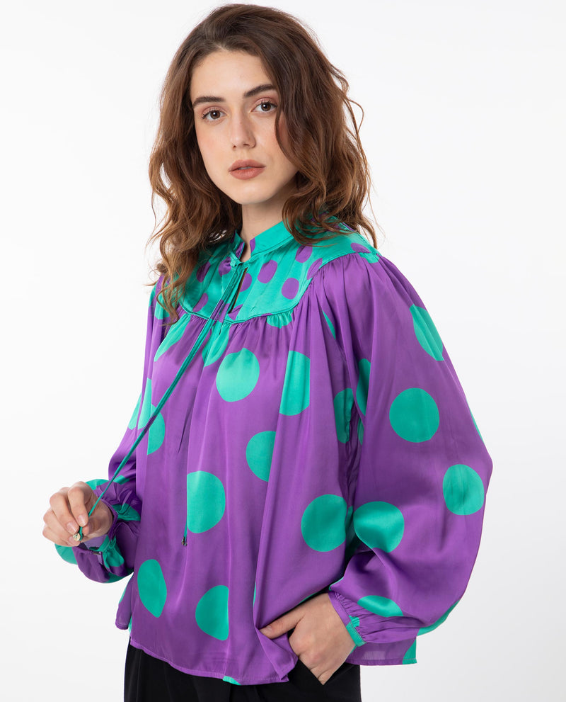 Rareism Women's Brust Purple Polyester Fabric Full Sleeves Tie-Up Closure Mandarin Collar Bishop Sleeve Relaxed Fit Polka Top