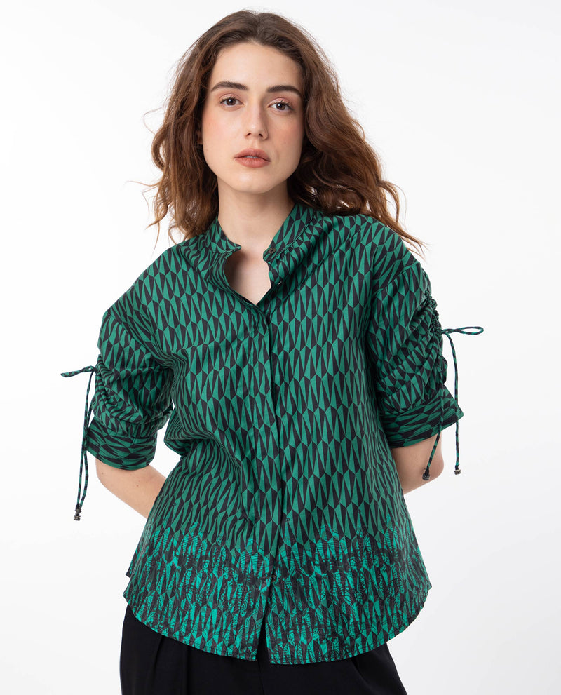 Rareism Women's Tafel Green Cotton Fabric Short Sleeves Button Closure Mandarin Collar Regular Fit Geometric Print Top