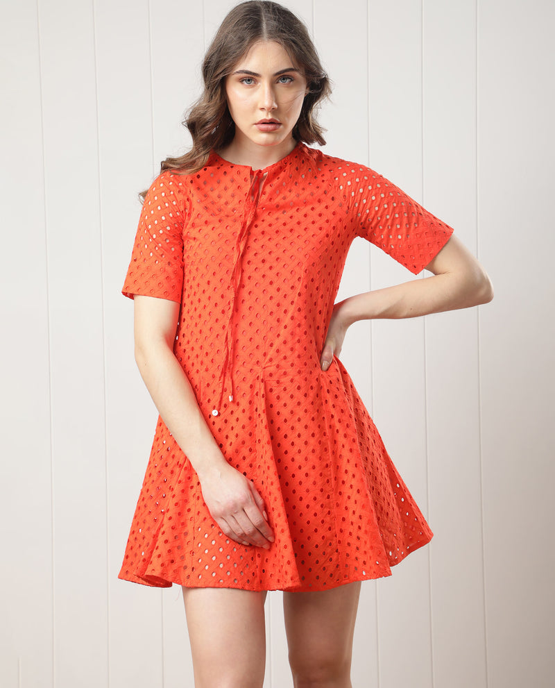 Rareism Women's Bex Fluorescent Orange Cotton Fabric Short Sleeves Tie-Up Neck Regular Fit Schiffili Knee Length Empire Dress