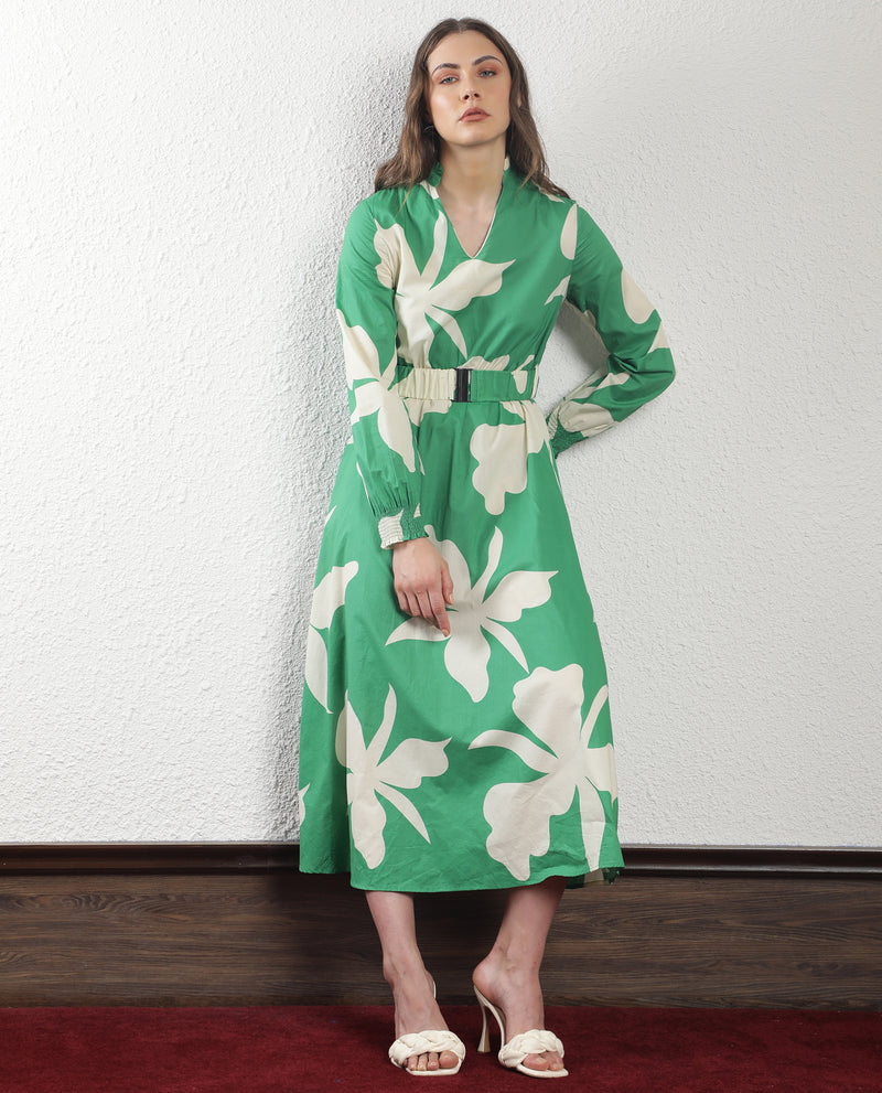 Rareism Women's Piper Green Mandarin Collar V Neck Full Sleeves With Fabric Waist Belt And Buckle With Pockets Midi Dress