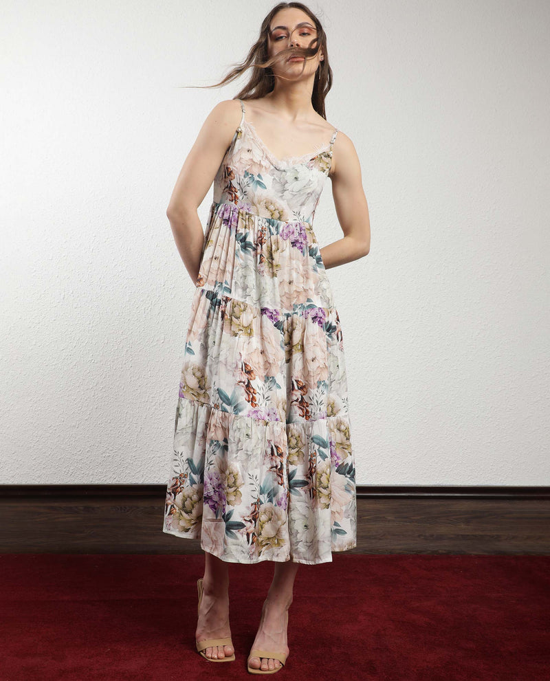 FLORAL WHIMSY LONG TIER DRESS WITH LACED V-NECK AND PEARL ACCENTS