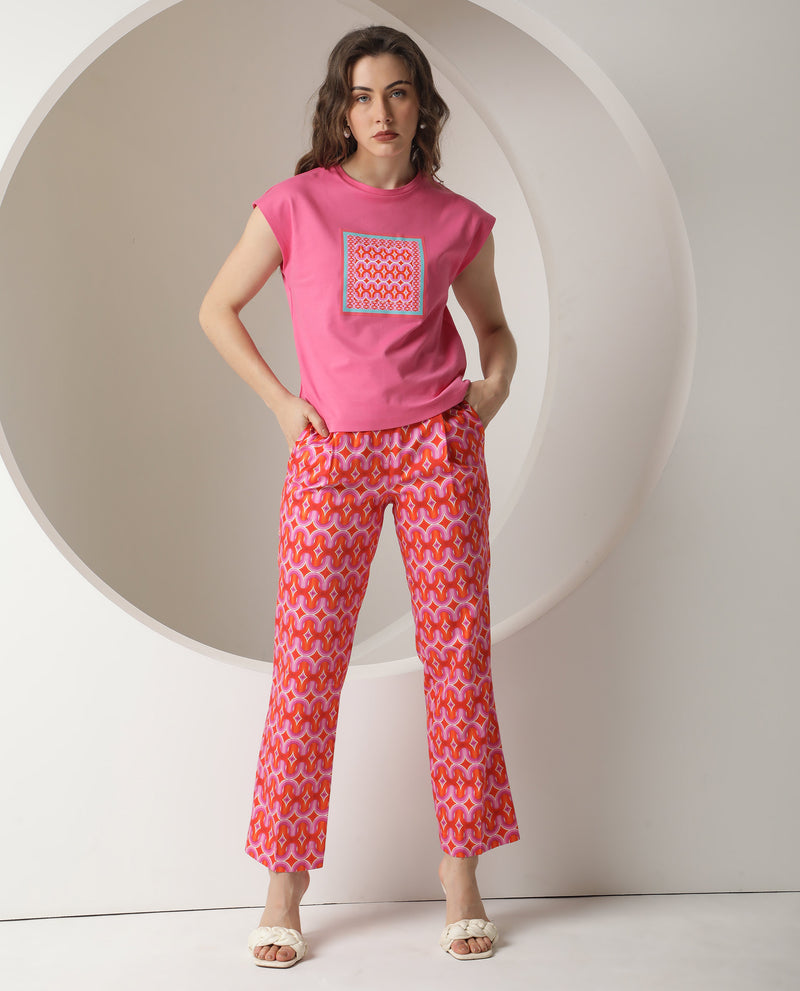 Rareism Women's Drelia Pink Cotton Fabric Short Sleeves Crew Neck Extended Sleeve Regular Fit Graphic Print T-Shirt