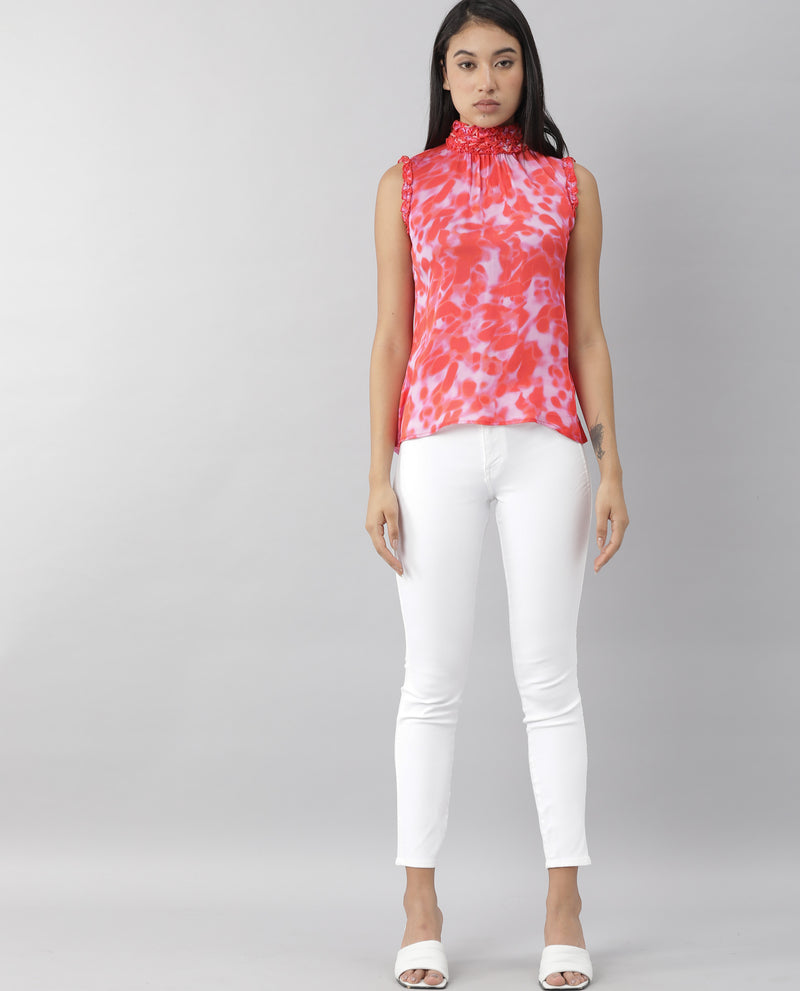 AMAZE- ABSTRCT HIGH NECK SLIM FIT SLEEVELESS WOMEN'S PRINTED TOP - RED