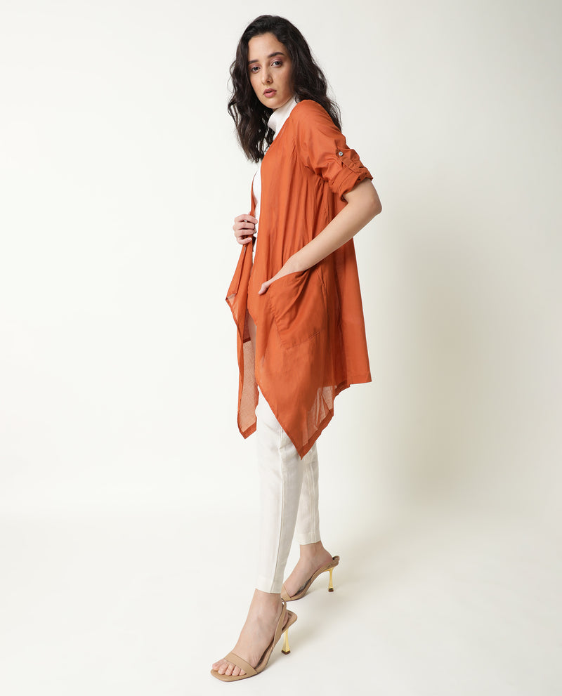 Rareism Women'S Gazer Dark Brown Cotton Fabric Regular Fit Knee Length Solid Collarless Outer Wear
