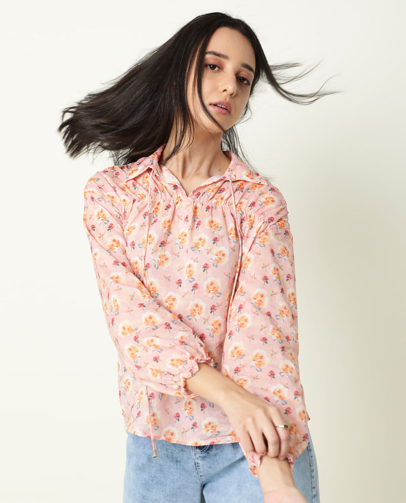 JOYCE- FLORAL PRINT FULL SLEEVE WOMEN'S COLLARED TOP - PINK