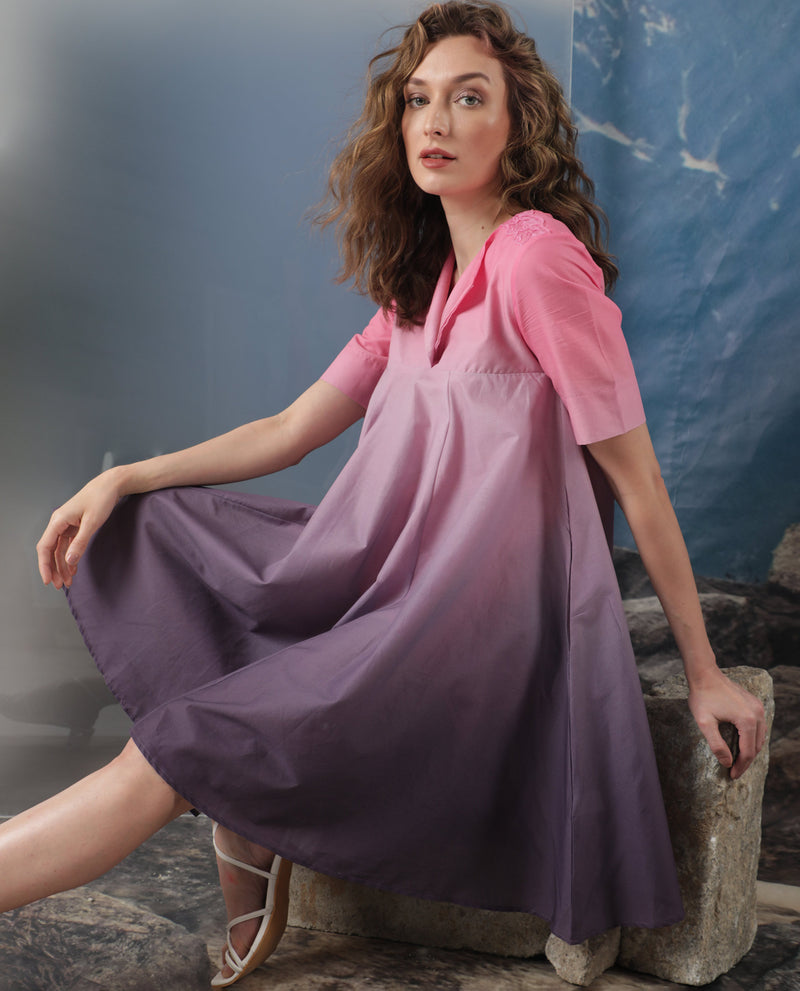 Rareism Women's Celine Purple Cotton Fabric Short Sleeves Over Lap Flared Fit Ombre Knee Length Empire Dress
