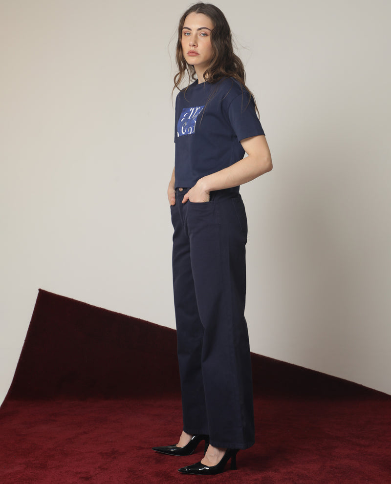 Rareism Women's Iolet Blue Cotton Fabric Short Sleeves Crew Neck Regular Fit Graphic Print T-Shirt