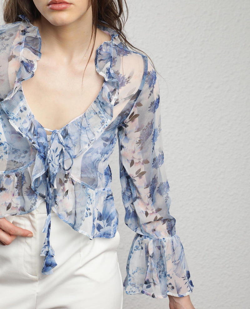 Rareism Women's Julieta Light Blue Polyester Fabric Full Sleeves Drawstring Closure V-Neck Bell Sleeve Regular Fit Abstract Print Shrug