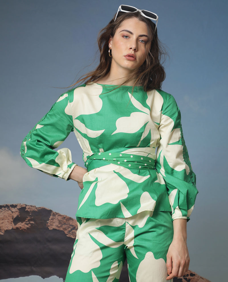 Rareism Women'S Sloane Green Top Cotton Fabric Full Sleeves Print