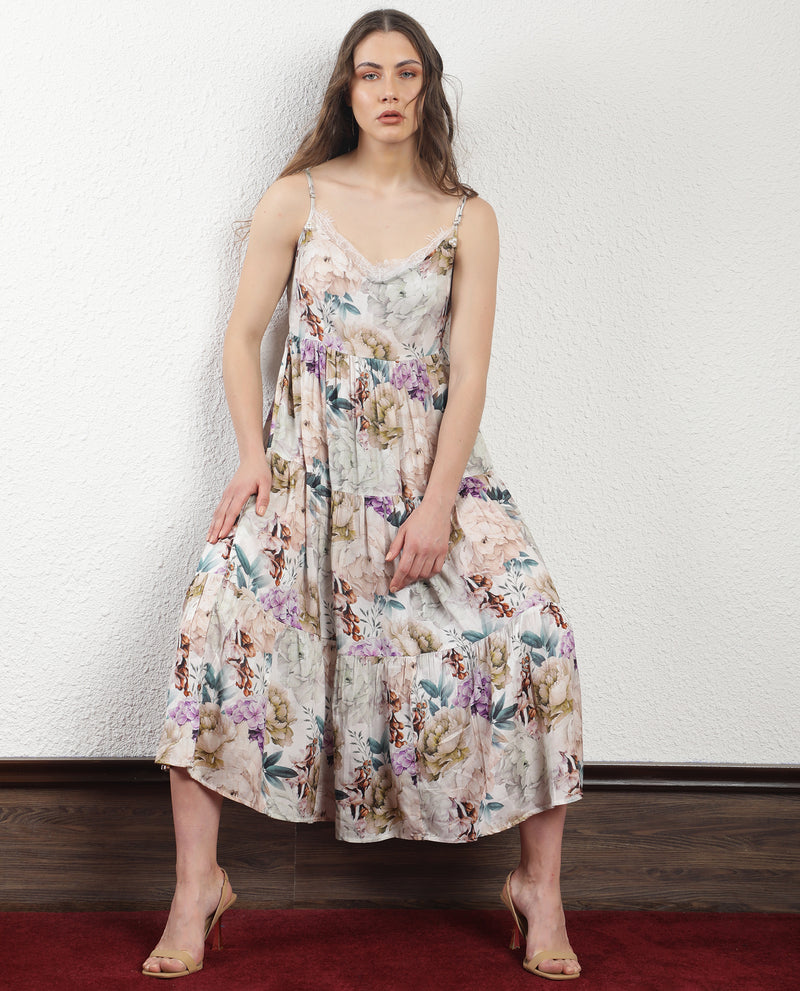 Rareism Women's Joanna Multi Cotton Fabric Sleeveless V-Neck Shoulder Straps Regular Fit Floral Print Midi Tiered Dress
