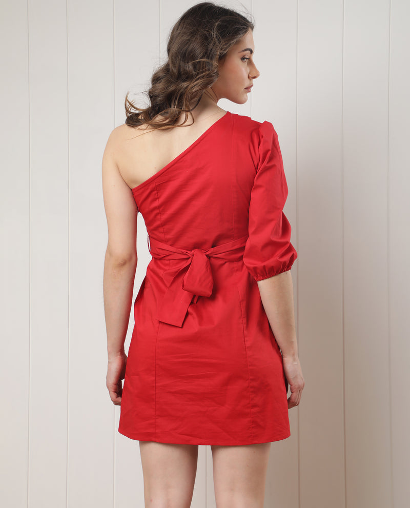 Rareism Women's Floris Fluorescent Red Poly Lycra Fabric Off Shoulder Zip Closure One Shoulder Puff Sleeve Boxy Fit Plain Knee Length Dress
