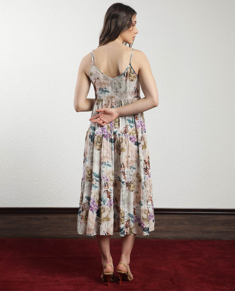 Rareism Women's Joanna Multi Cotton Fabric Sleeveless V-Neck Shoulder Straps Regular Fit Floral Print Midi Tiered Dress