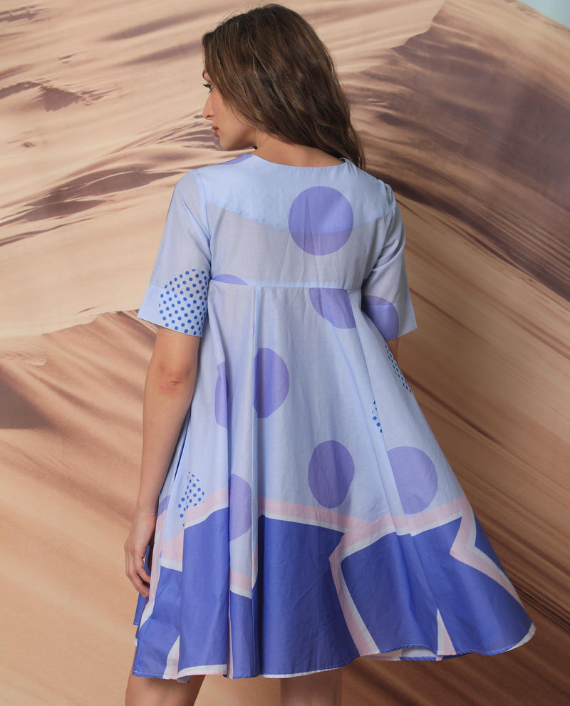 RAREISM WOMEN'S COCO BLUE DRESS COTTON FABRIC SHORT SLEEVES PRINTED