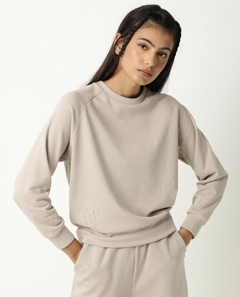 Rareism Women's Cax Beige Cotton Blend Fabric Relaxed Fit Full Sleeves Solid Round Neck Sweatshirt