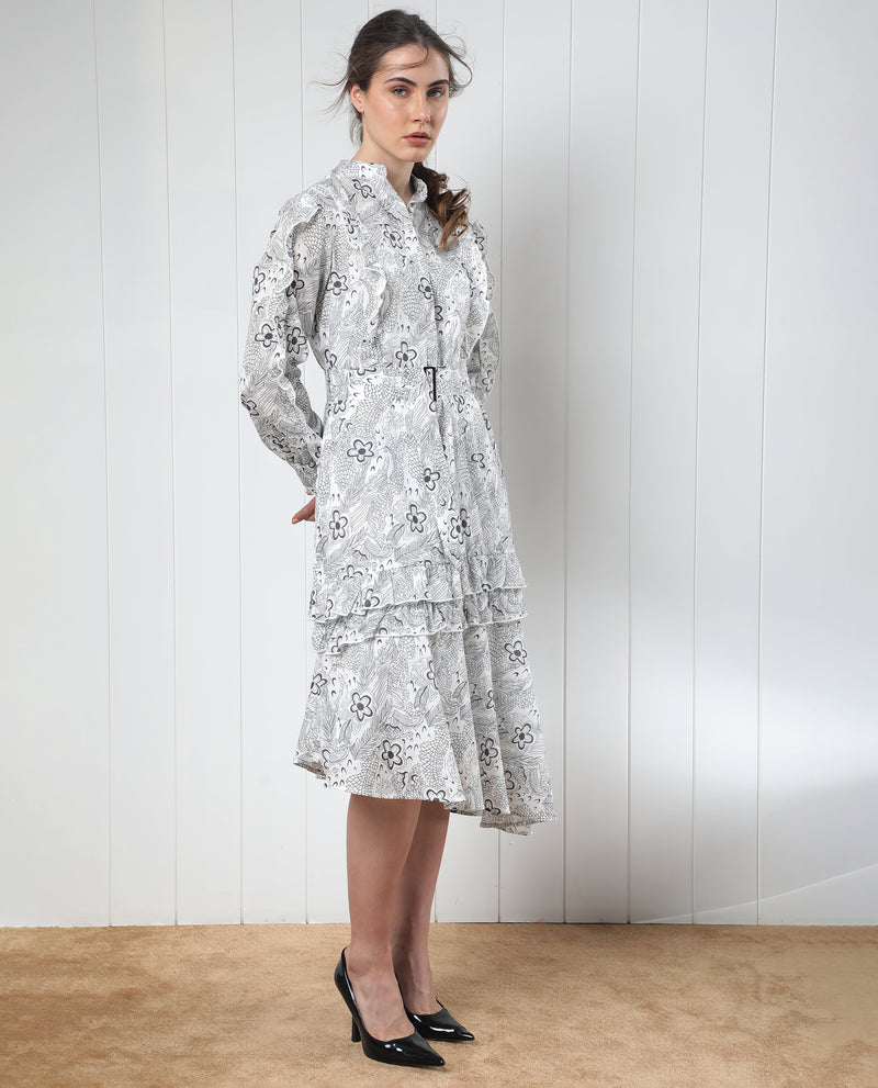 Rareism Women's Roose White Cotton Fabric Full Sleeves Button Closure Mandarin Collar Regular Fit Floral Print Knee Length Flared Dress