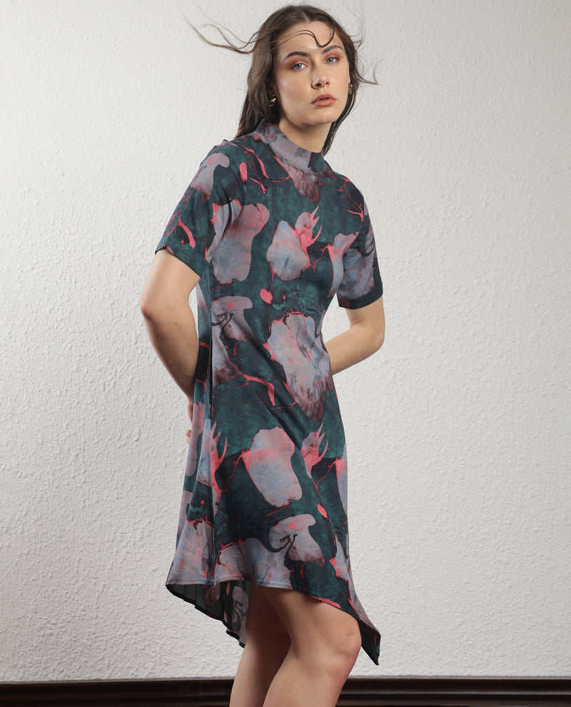 Rareism Women's Calantha Multi Viscose Fabric Short Sleeves Zip Closure High Neck Regular Fit Floral Print Knee Length Asymmetric Dress