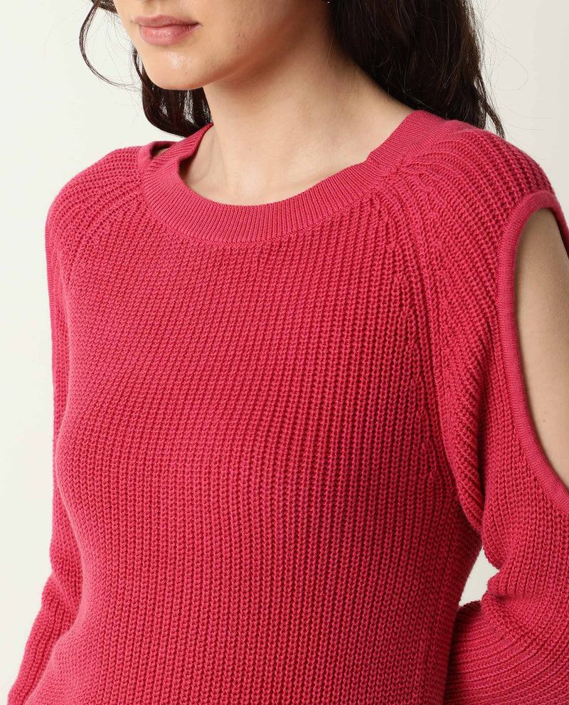 COLD- PLAIN COLD SHOULDER SLIM FITTED WOMEN'S SWEATER - PINK