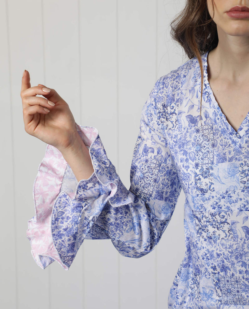 Rareism Women's Cherish Blue Cotton Fabric 3/4Th Sleeves V-Neck Regular Fit Floral Print Knee Length Asymmetric Dress