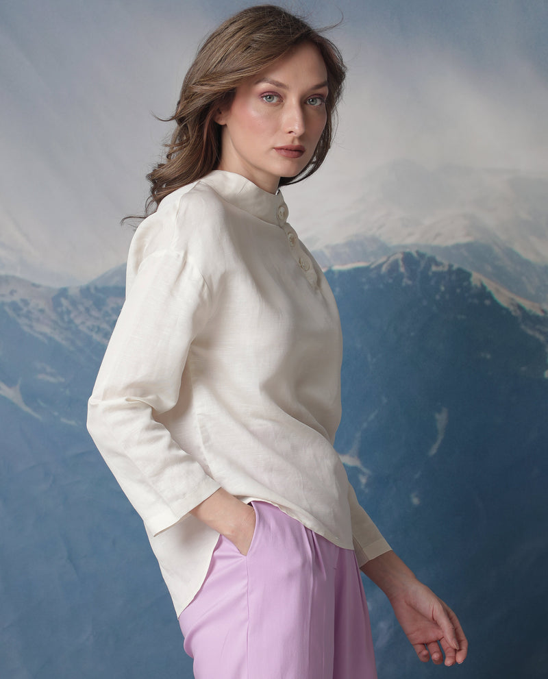 Rareism Women's Gourmet Beige Modal Linen Fabric Full Sleeves Button Closure High Neck Relaxed Fit Plain Top