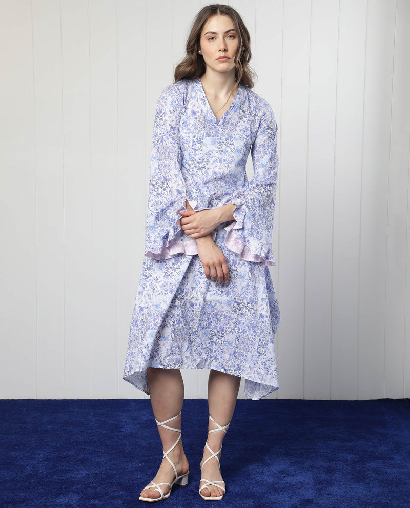 Rareism Women's Cherish Blue Cotton Fabric 3/4Th Sleeves V-Neck Regular Fit Floral Print Knee Length Asymmetric Dress