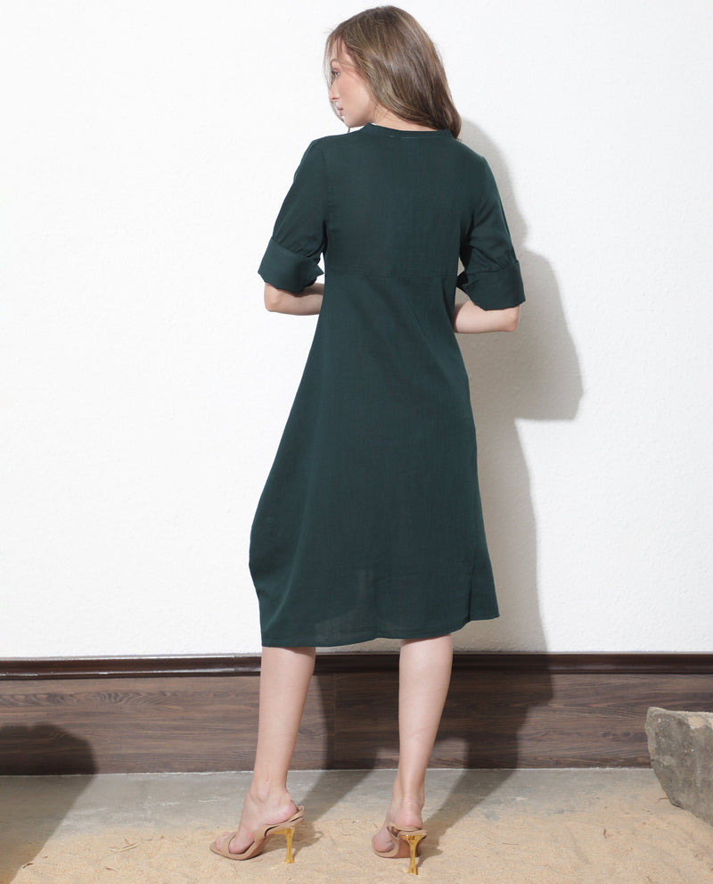 Rareism Women'S Cherry Green V Neck Tie-Up 3/4 Sleeves Symmetrical Knee Length Dress