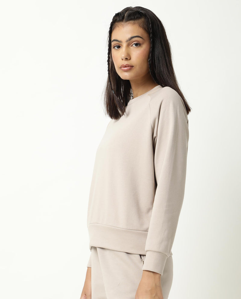Rareism Women's Cax Beige Cotton Blend Fabric Relaxed Fit Full Sleeves Solid Round Neck Sweatshirt