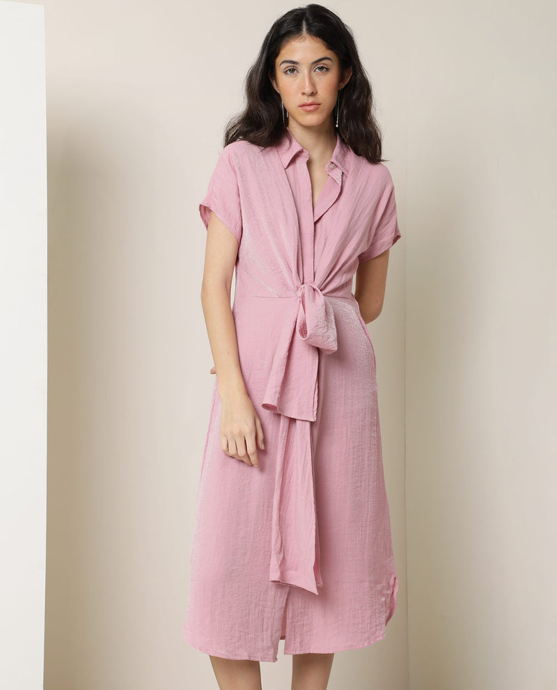 Rareism Women's Kori Metallic Pink Shirt Collar Short Sleeve Front Button Closure Placket Fabric Waist Belt Pocket Midi Dress