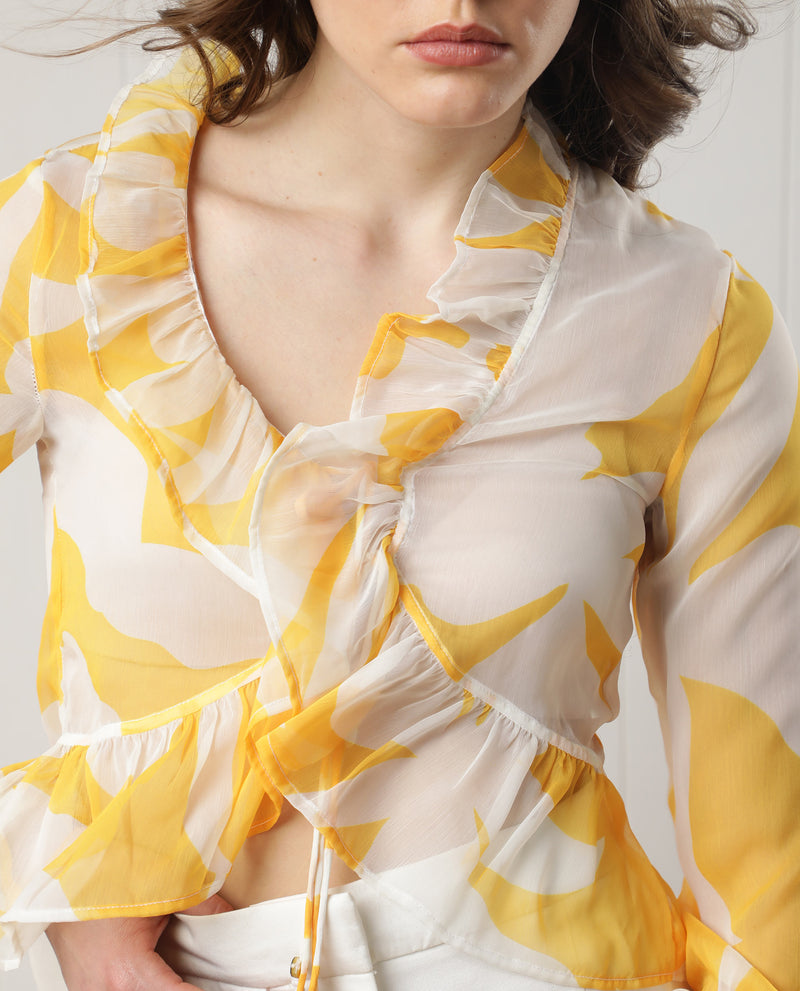 Rareism Women's Simone White Polyester Fabric Full Sleeves Tie-Up Closure V-Neck Bell Sleeve Regular Fit Floral Print Shrug