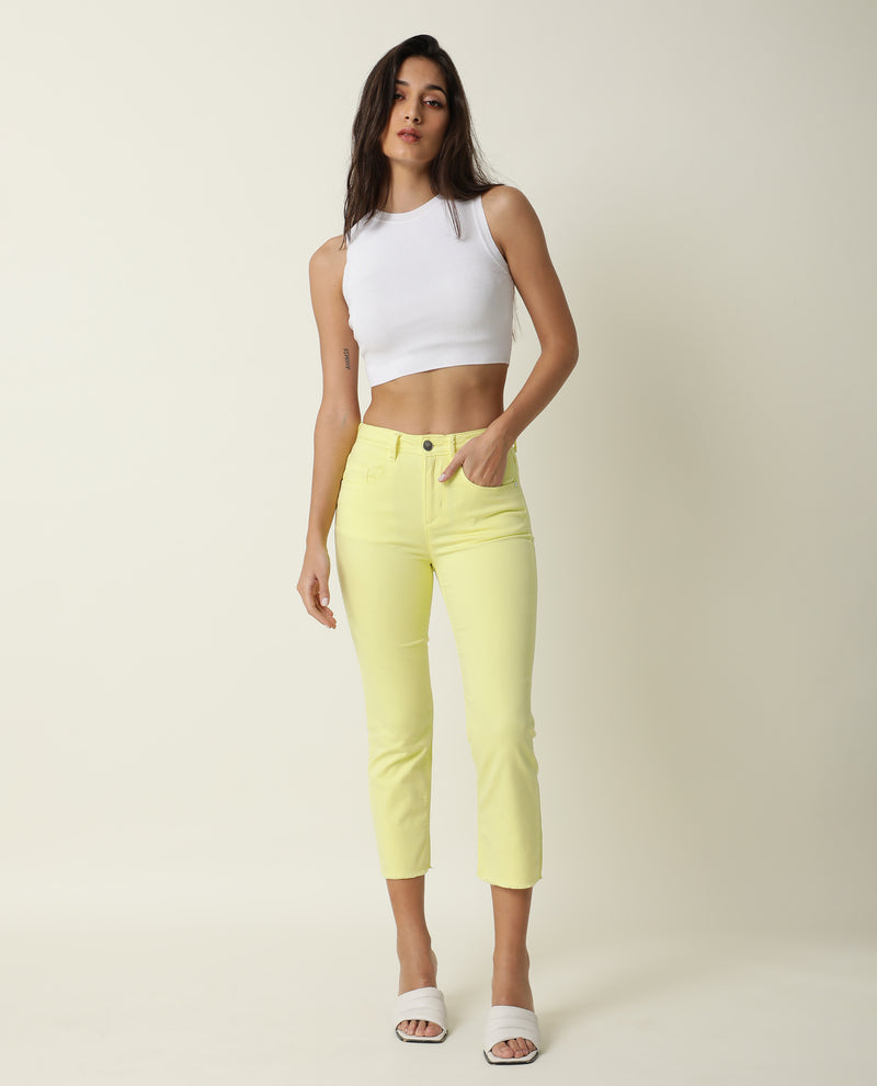 Rareism Women'S Admiral Light Yellow Cotton Lycra Fabric Mid Rise Solid Regular Fit Ankle Length Jeans