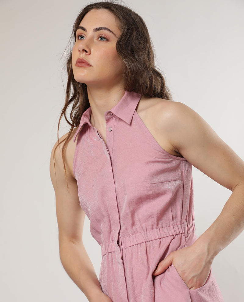 Rareism Women's Mistletoe Metallic Pink Rayon Nylon Fabric Button Closure Shirt Collar Sleeveless Regular Fit Plain Knee Length Boxy Dress