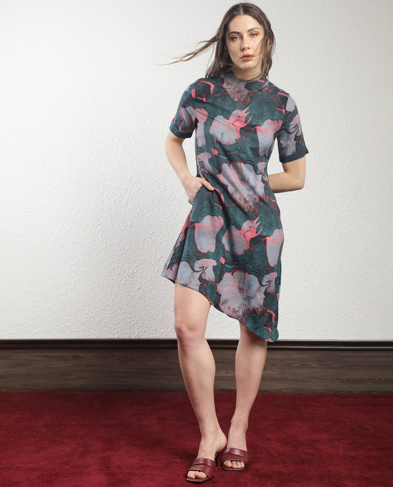 Rareism Women's Calantha Multi Viscose Fabric Short Sleeves Zip Closure High Neck Regular Fit Floral Print Knee Length Asymmetric Dress