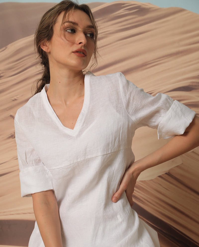 RAREISM WOMENS CHERRY 1 WHITE DRESS Linen FABRIC  3/4 Sleeve V Neck