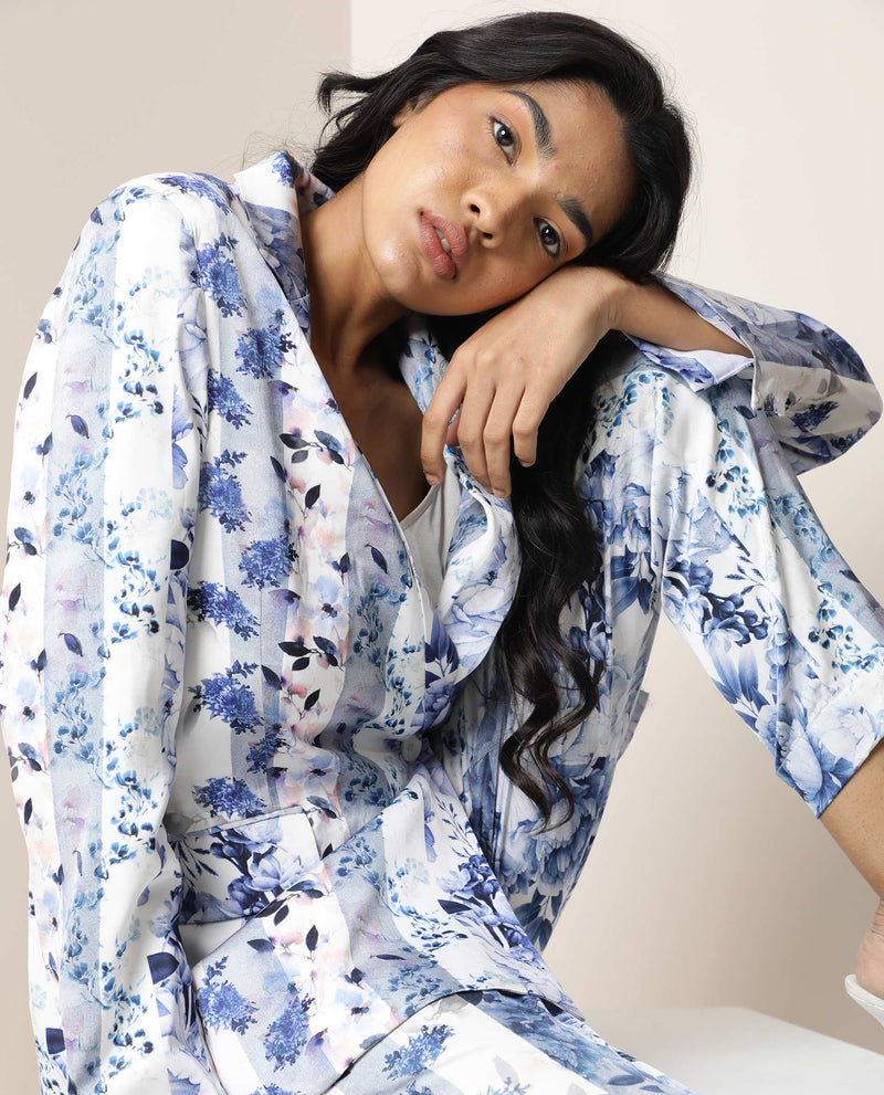 Rareism Women's Shabella Light Blue Polyester Fabric Full Sleeves Button Closure Lapel Neck Tailored Fit Floral Print Blazer