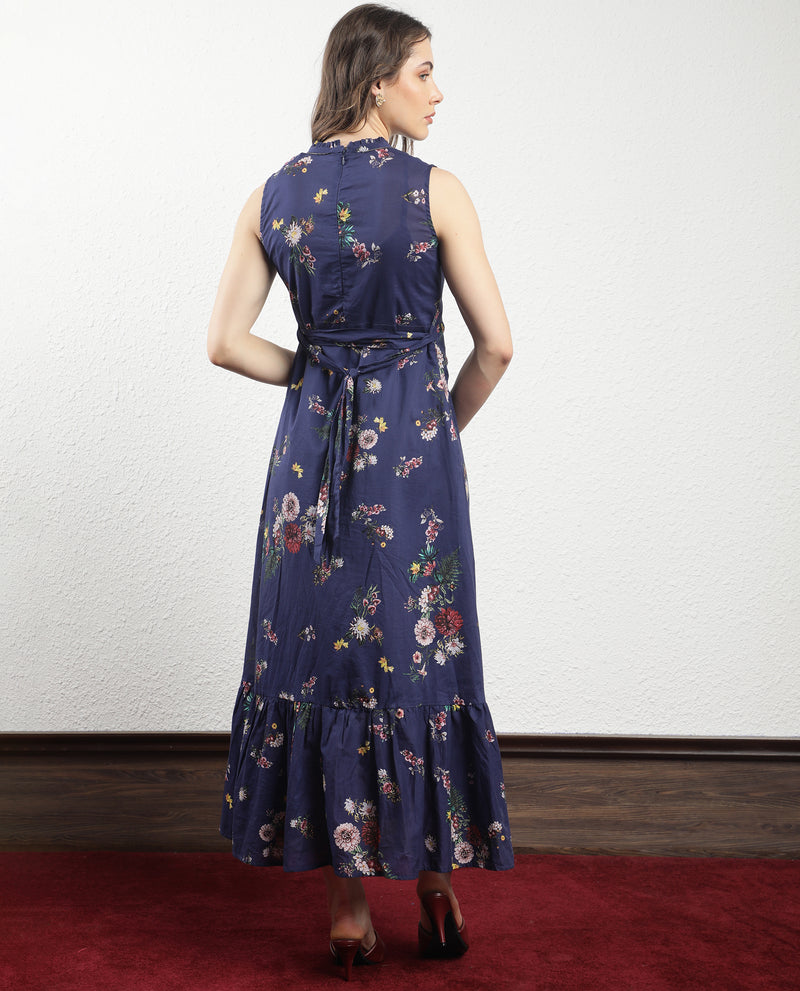 Rareism Women's Jemma Navy Cotton Fabric Zip Closure High Neck Sleeveless Regular Fit Floral Print Maxi Dress