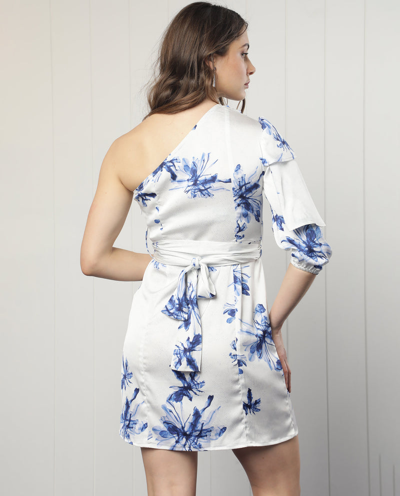 Rareism Women's Winnie White Modal Fabric Off Shoulder Zip Closure One Shoulder Puff Sleeve Boxy Fit Floral Print Knee Length Dress