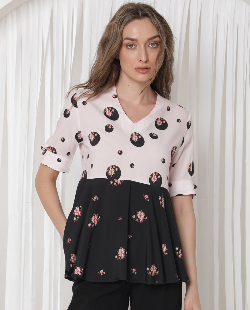 Rareism Women's Euphoria Light Pink Polyester Fabric Short Sleeves V-Neck Cuffed Sleeve Regular Fit Polka Top